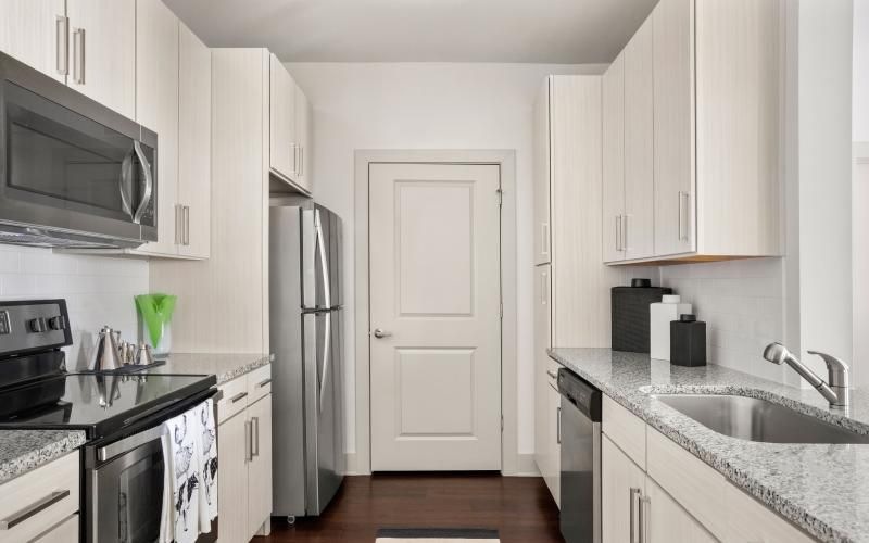 a kitchen with white cabinets