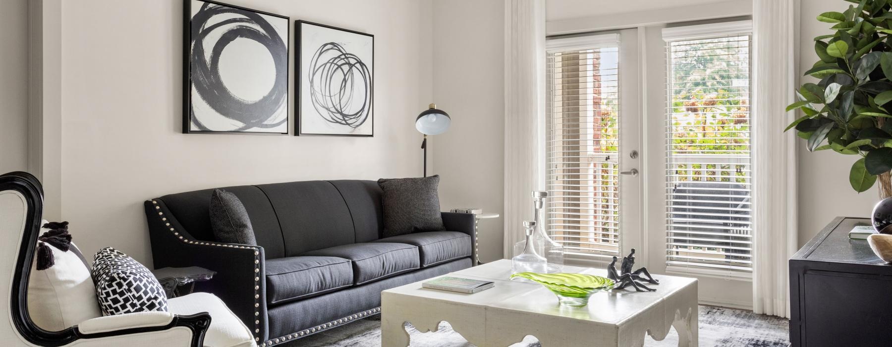 a living room with a couch and a coffee table