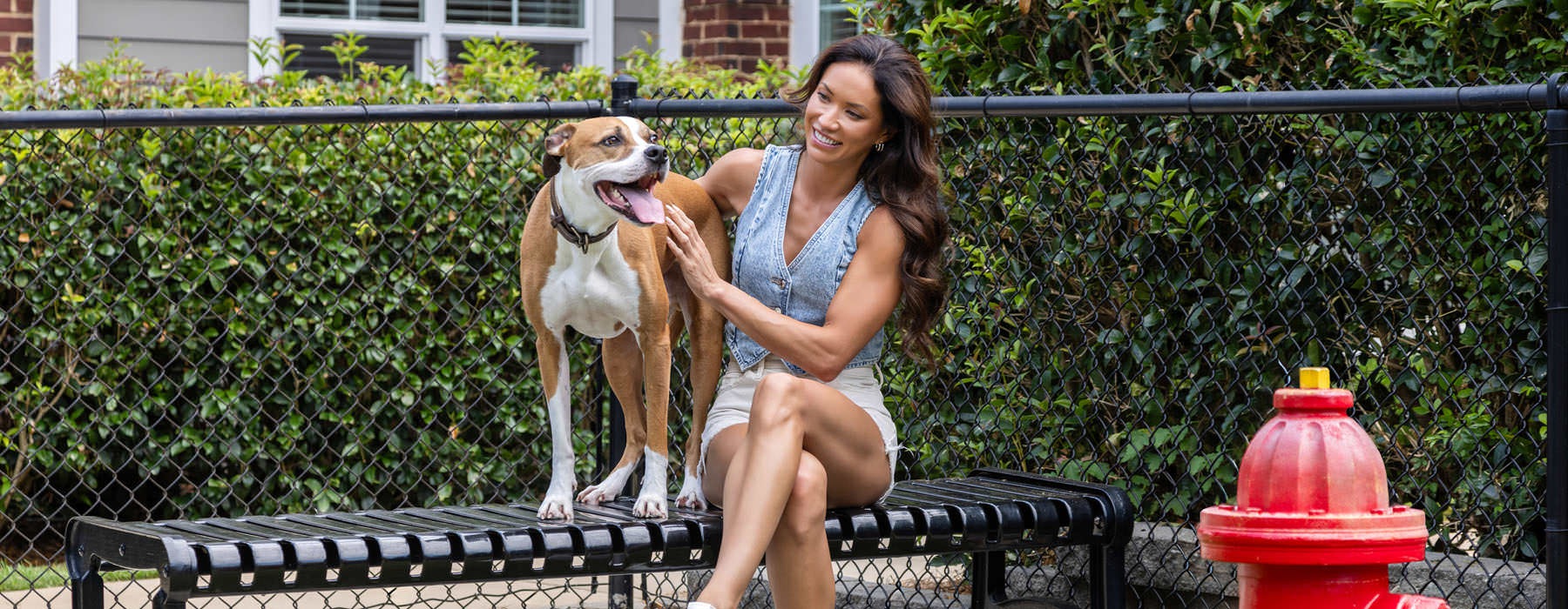 woman sits on a bench with her dog in bark park